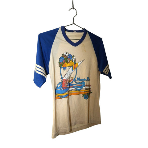 "Retail" Vintage Puerto Rico Graphic V-Neck Tee Shirt w/ Stripe Accent on Sleeves