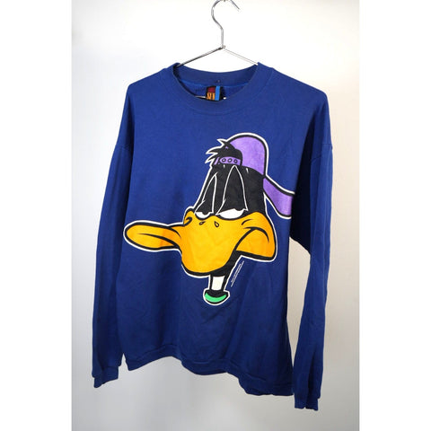 "Retail" Vintage SUN Warner Bros Daffy Duck Pullover Sweatshirt Royal Blue