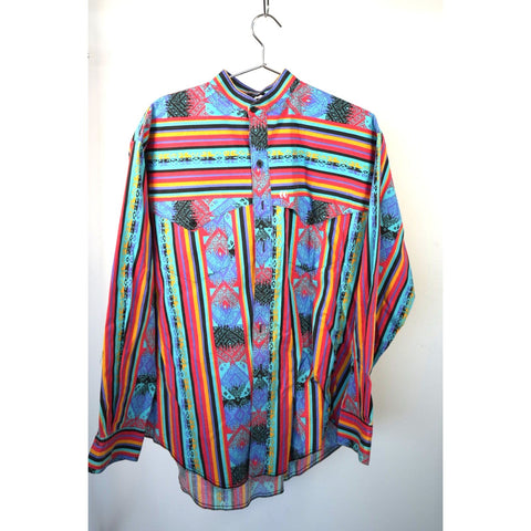 "Retail" Vintage Aztec Stripes Western Band Collar Button Up Shirt Multicolor
