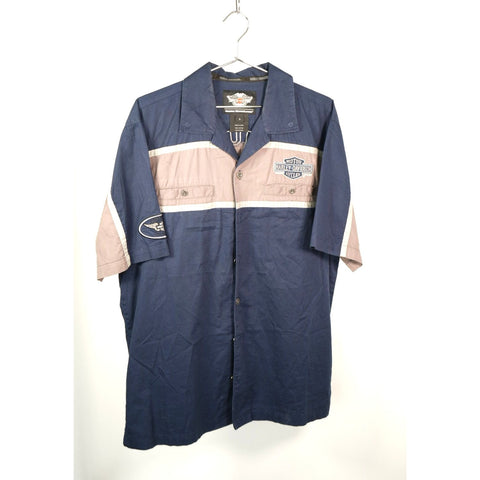 "Retail" Vintage Harley-Davidson Logo Embroidered Mechanic Shirt Navy Blue/Gray Large