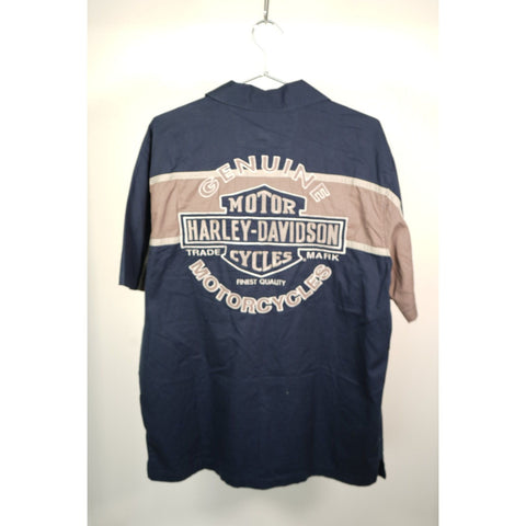 "Retail" Vintage Harley-Davidson Logo Embroidered Mechanic Shirt Navy Blue/Gray Large