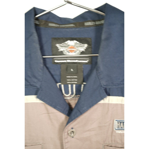 "Retail" Vintage Harley-Davidson Logo Embroidered Mechanic Shirt Navy Blue/Gray Large