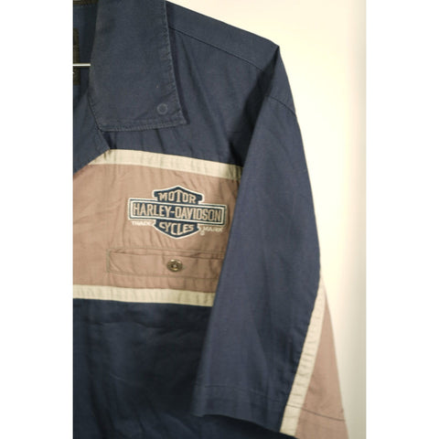 "Retail" Vintage Harley-Davidson Logo Embroidered Mechanic Shirt Navy Blue/Gray Large