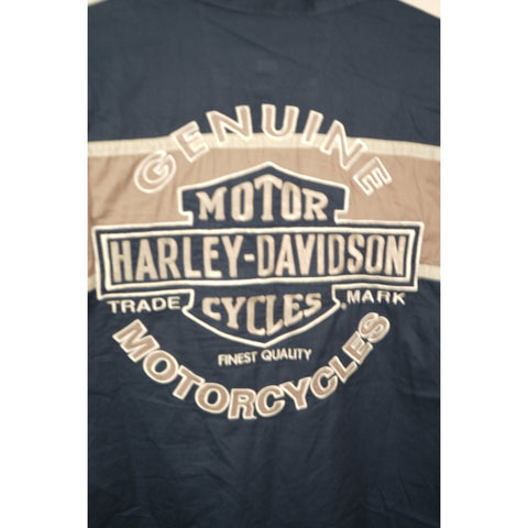 "Retail" Vintage Harley-Davidson Logo Embroidered Mechanic Shirt Navy Blue/Gray Large