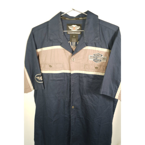 "Retail" Vintage Harley-Davidson Logo Embroidered Mechanic Shirt Navy Blue/Gray Large