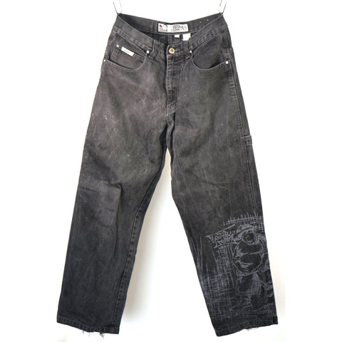 "Retail" Vintage South Pole Baggy Denim Jeans Black w/ Printed Graphic on Left Leg 36x32